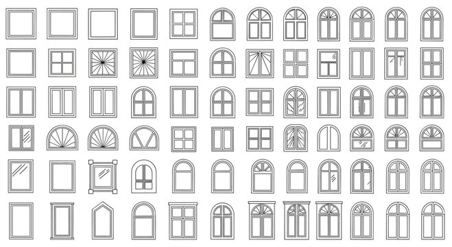 Extensive collection of door and window designs showing a variety of shapes frames and glazing patterns in architectural styles across a range of buildings.