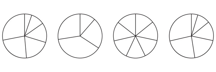 Parts of diagram wheel from 1 to 20. Outline black graphics. Template of pie chart. Coaching blank. Segmented charts. Sectors divide the circle on equal parts. Pie charts, pizza charts infographic set