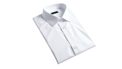 A crisp, neatly folded white dress shirt with the collar open