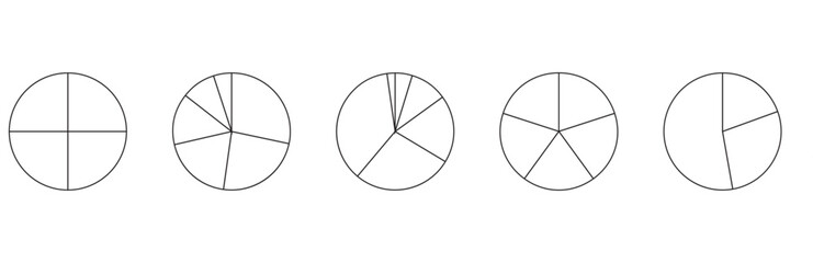 Parts of diagram wheel from 1 to 20. Outline black graphics. Template of pie chart. Coaching blank. Segmented charts. Sectors divide the circle on equal parts. Pie charts, pizza charts infographic set