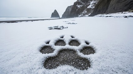 Deep Animal Paw Prints in Fresh Snow Leading Toward a Cliff on a Cold, Overcast Winter Beach
