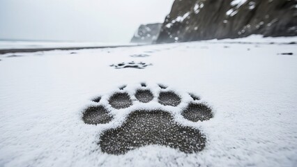 Deep Animal Paw Prints in Fresh Snow Leading Toward a Cliff on a Cold, Overcast Winter Beach