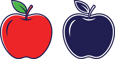 Red and dark blue apple vector icons with bold outline, modern fruit symbols for branding and food design