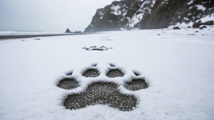Deep Animal Paw Prints in Fresh Snow Leading Toward a Cliff on a Cold, Overcast Winter Beach