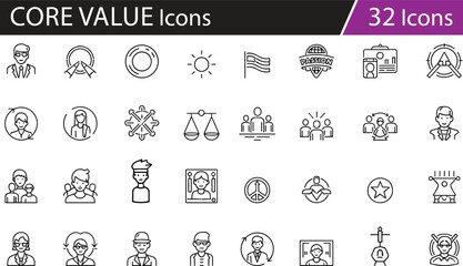 Leadership and values icon set with teamwork, identity, innovation, achievement, justice, and organizational culture in black and white vector style