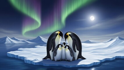 Penguins Huddling Beneath a Vibrant Aurora Over the Arctic Ice Floe