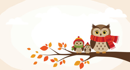 Fototapeta premium Three adorable owls sit together on a sturdy branch wearing colorful autumn scarves under a pale sky in a warm woodland illustration.