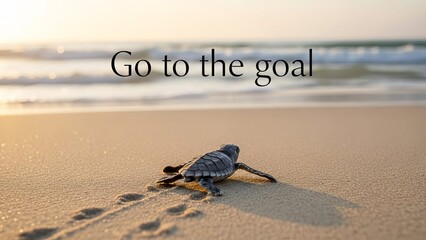 Baby Sea Turtle Crawling Toward the Ocean at Sunrise with Motivational Text