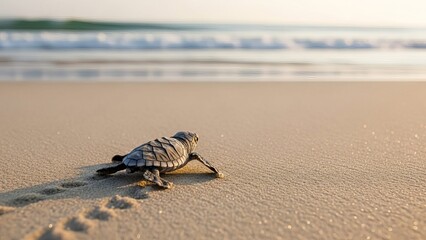 Baby Sea Turtle Crawling Toward the Ocean at Sunrise with Motivational Text