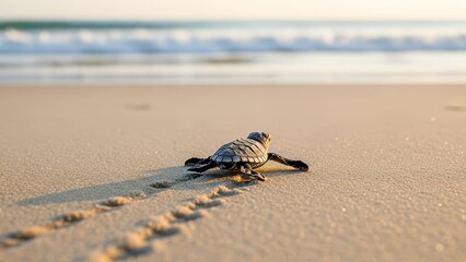 Baby Sea Turtle Crawling Toward the Ocean at Sunrise with Motivational Text