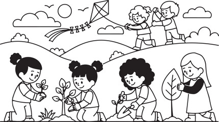 Cheerful Black-and-White Line Art Illustration of Children Playing, Gardening, and Enjoying Outdoor Activities Together