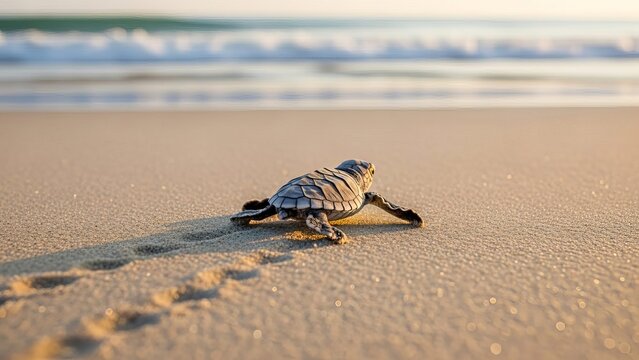 Baby Sea Turtle Crawling Toward the Ocean at Sunrise with Motivational Text