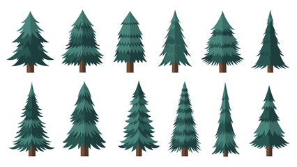 A digital illustration of ten green pine trees with brown trunks in two rows on a white background, depicting a musim dingin scene.