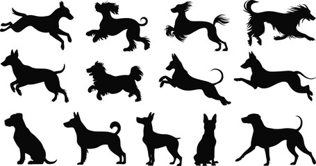 Dog silhouette bundle, various breed poses in running, sitting and playful stances, active canine vector illustration set for design and pet graphics