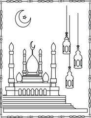 Islamic Mosque Under Crescent Moon. Ramadan Night Illustration. Mosque Coloring Page For Kids And Adults.