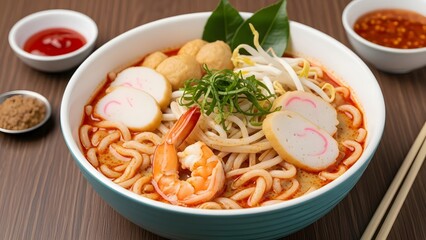A vibrant bowl of spicy shrimp noodle soup with fish cakes, bean sprouts, and green onions on a wooden table.