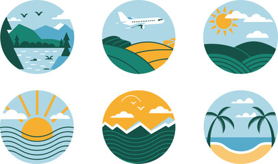 Flat Design Vector Icon Set of Travel Destinations, Featuring Mountains, Lakes, Airplanes, Sun, and Palm Trees, Representing Vacation, Journey, Holiday, and Nature Tourism