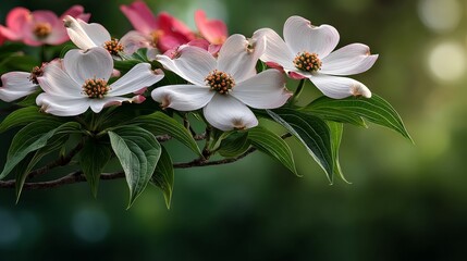 A bouquet of white flowers with red tips. The flowers are on a branch and are surrounded by green leaves. Concept of freshness and natural beauty