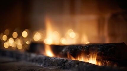 Intimate close-up of a roaring fire in a stone fireplace, with soft, blurred fairy lights twinkling in the background, focusing on the warmth and orange glow.