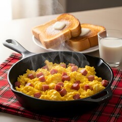 Hot scrambled eggs with ham served in a cast iron skillet, accompanied by buttered toast and milk for a hearty breakfast.