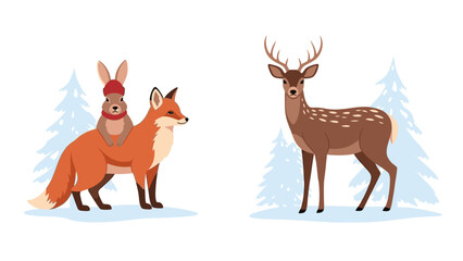 Illustration of a rabbit wearing a red hat standing with a fox and a deer in a winter scene with snow-covered pine trees.