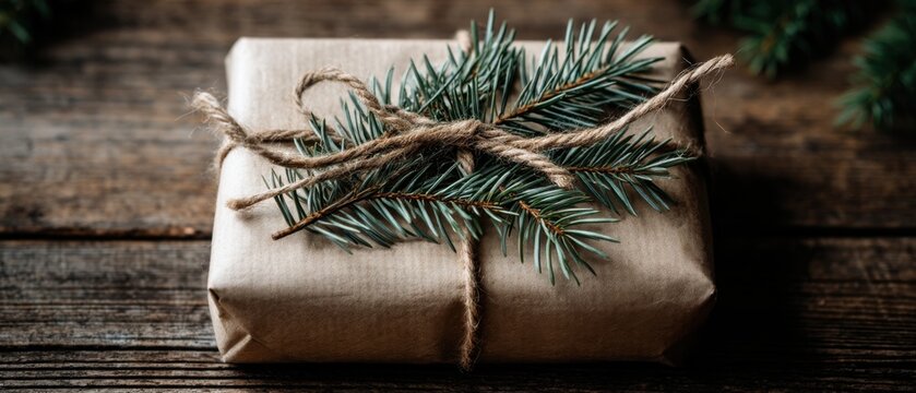 Christmas gift wrapped in kraft paper with pine sprig