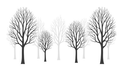 Illustration of bare trees in various shades of black and gray against a white background, depicting musim dingin or winter scene with leafless branches.
