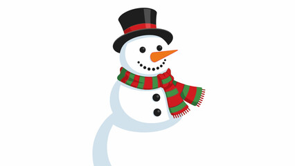 A cheerful cartoon snowman wearing a black top hat and red-green scarf against a clean white background, conveying a joyful and festive winter mood.