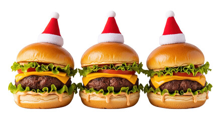 Three juicy cheeseburgers with red Santa hats for holiday celebration concept Isolated on Transparent Background.