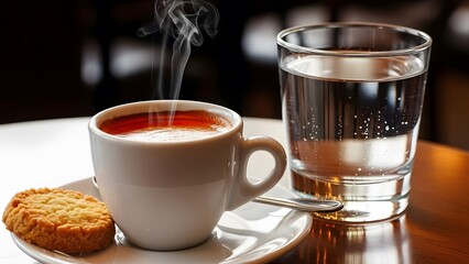 Steaming hot coffee with a cookie and glass of water on a table.