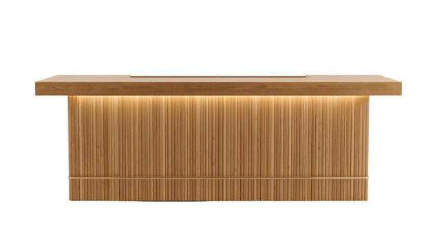 Modern wooden reception desk with vertical slats and ambient led lighting on transparent background