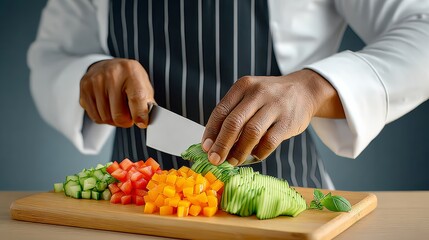 A chef is cutting vegetables on a wooden cutting board. The vegetables include cucumbers, peppers, and tomatoes. The chef is wearing an apron and a white shirt. Scene is calm and focused