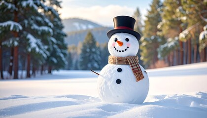 Obraz premium Friendly snowman in a snowy landscape with trees and a clear blue sky