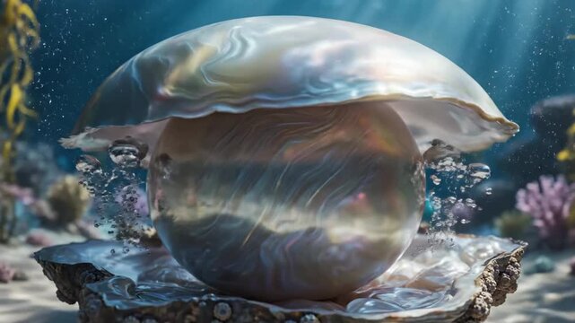 Magical underwater scene featuring a giant iridescent pearl inside an open oyster shell on the seabed with coral reef sunbeams and rising bubbles