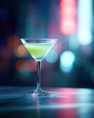Close-up on a cocktail glass with a glowing rim filled with bright green liquid, set on a reflective surface with blurred neon signage in the background, modern New Year is party.