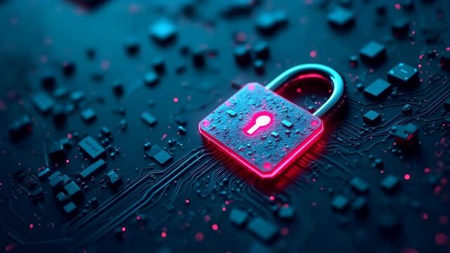 Electronic circuit futuristic neon padlock. Copy paste empty place for text. Cyber, personal data, privacy information security. Internet networking protection security system cybersecurity concept