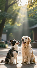  two dogs sitting on a concrete pathway in a park. The dog on the left is a black and white Border Collie with a green collar. It is looking up at the other dog