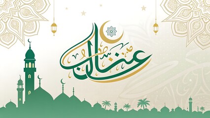 Fototapeta premium Islamic Eid Mubarak Greeting with Green and Gold Arabic Calligraphy, Mosque Silhouette, and Ornate Mandalas