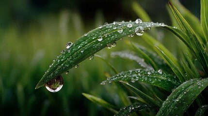A leaf with raindrops on it. The raindrops are small and scattered, giving the impression of a light drizzle. The leaf is green and he is fresh and healthy. Concept of calm and tranquility