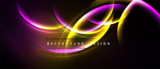 Abstract design features vibrant curves, glowing lines. Purple, yellow hues dominate dark background. Text reads background design.