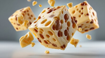 A close up of a piece of cheese with holes in it. The cheese is cut into three pieces, with one piece missing. The image has a playful and whimsical mood, as if the cheese is floating in the air