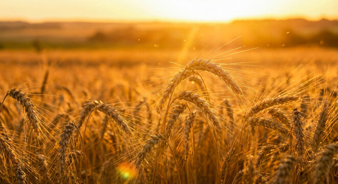 Ripe wheat spikes glowing in the evening sun. Agricultural background of golden grain field ready for harvest during sunset.