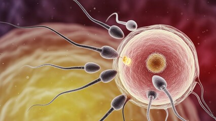 sperm cells approaching and contacting a single ovum; highly accurate