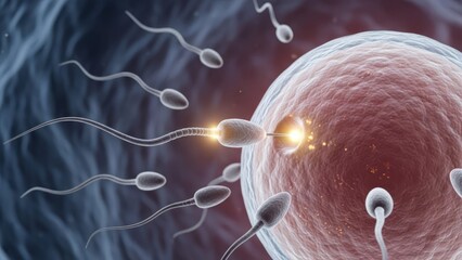 sperm cells approaching and contacting a single ovum; highly accurate