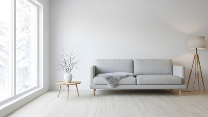 Obraz premium Empty white wall background in a cozy winter living room. 3D render of a clean space with minimalist furniture and snowy scenery for mockup or copy space.