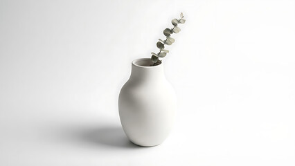 Minimalist Still Life with a White Ceramic Vase and a Single Stem of Eucalyptus on a Clean Background