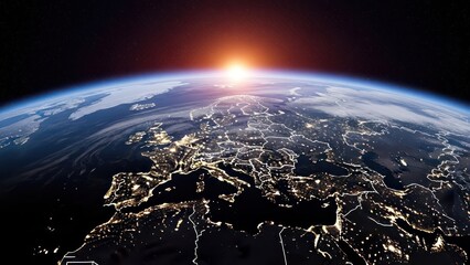 Aerial view of Earth at twilight, with Europe lit by city lights and a setting sun
