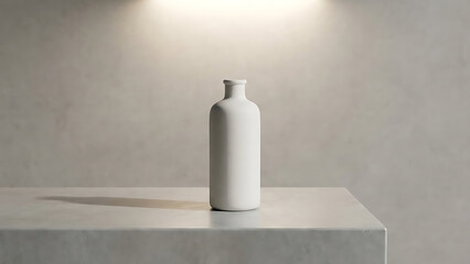 Minimalist Still Life Featuring a White Ceramic Bottle on a Light Gray Surface with Soft Lighting