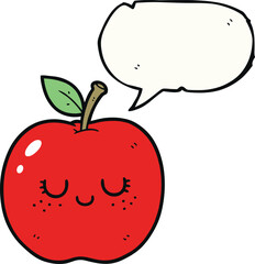 Cute red apple character with closed eyes and empty speech bubble, playful hand-drawn cartoon illustration
