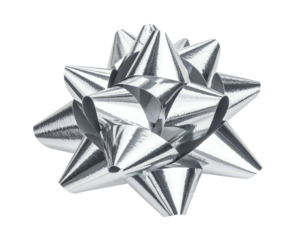 Shiny silver star-shaped gift bow isolated on black background, crisp edges and light play
